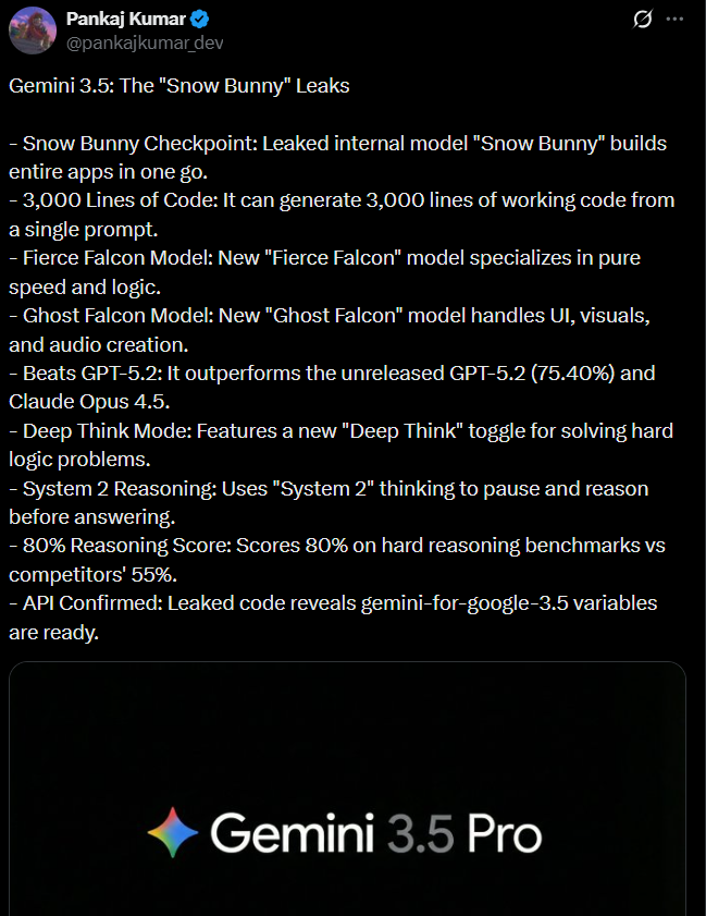 Gemini 3.5 “Snow Bunny” 泄露：一键生成3000行代码，碾压GPT-5.2